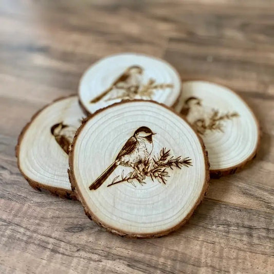 Engraved Wood Chickadee Coasters - Unshopables