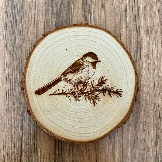 Engraved Wood Chickadee Coasters