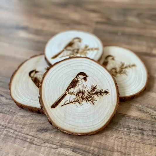 Engraved Wood Chickadee Coasters